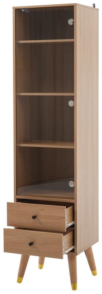 Hohe Vitrine - Moderner Aufbewahrungsschrank - Eine Glastür - Verstellbare Einlegeböden - 2 Schubladen - Freistehend - Naturholzoptik