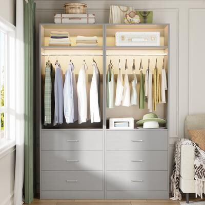 Rackcog Kyrvo Freestanding Closet System with 3 Wooden Drawers ＆ Hanging Rod ＆ Storage Shelf, Modular Walk-in Closet Organizer Wardrobe