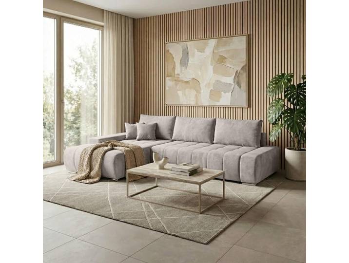 Beautysofa DRACO L Ecksofa mit Schlaffunktion & Bettkasten 267 cm - Schlafsofa, Bettsofa, Couch L-Form, Seitenausführung Links – Hellbeige Velo 622