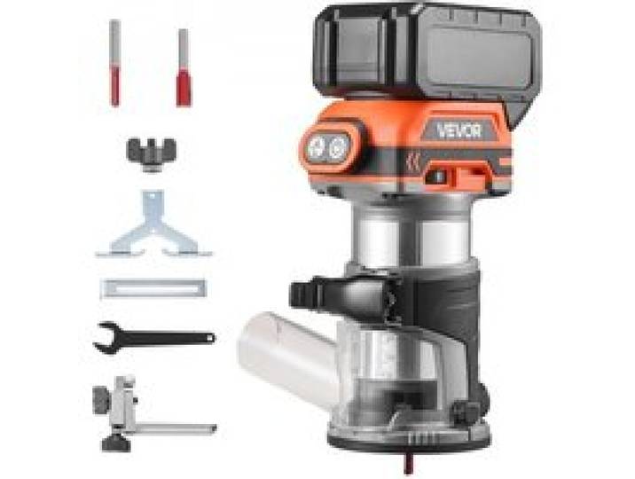 VEVOR Akku-Kantenfräse, Bürstenloser Motor, Kompakte Oberfräse mit Variabler Drehzahl & Fester Basis, 6,35 mm Spannzange, Einhandfräse für die Holzbearbeitung, 18V, Li-Ion (Lieferung ohne Akku)