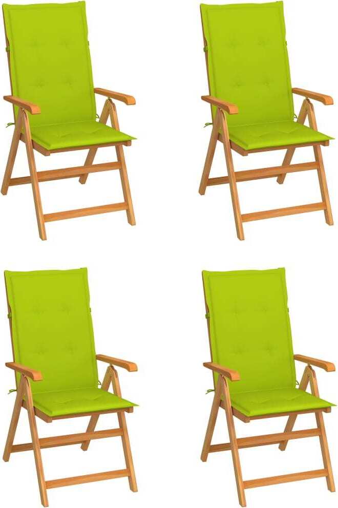 Klappstühle, 4er-Set, mit hellgrünen Kissen, aus massivem Teakholz