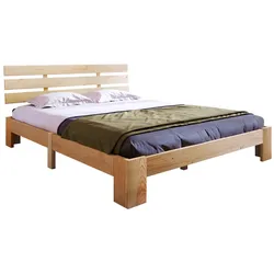 Merax Holzbett Doppelbett 140x200 aus Kiefernholz mit Lattenrost & Kopfteil für Schlafzimmer Beige