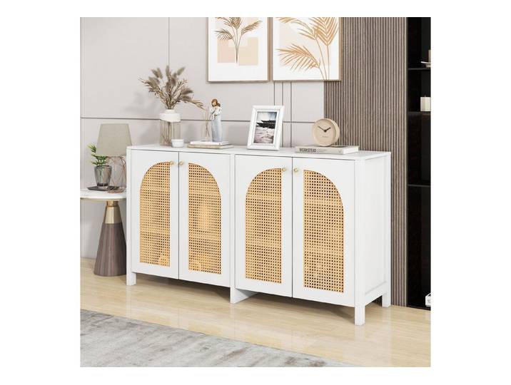 Fine Life Pro Sideboard Sideboard minimalistisch, weiß, 4 Rattantüren, Metallgriffe