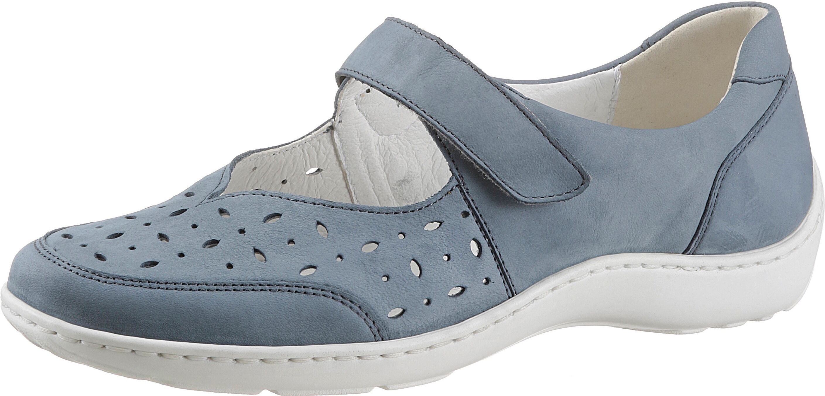 Klettschuh WALDLÄUFER "Henni", Damen, Gr. 10.5, Leder, blau (jeansblau), Nubukleder, Schuhe Klettschuh, Klettschuh, Komfortschuh mit Perforation, H-Weite jeansblau 10.5, Leder