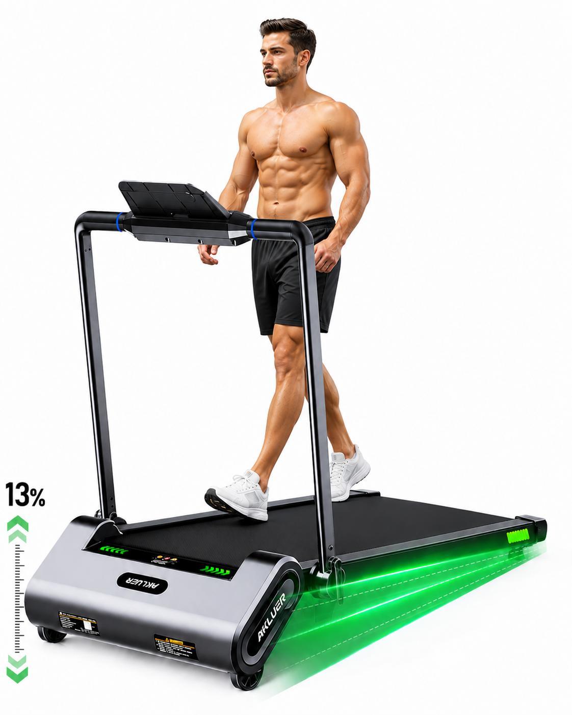 Akluer Walking Pad mit 13% Automatischer Steigung | Laufband 1-12 km/h | 2,5 HP Motor | LED Display | Klappbar für Zuhause