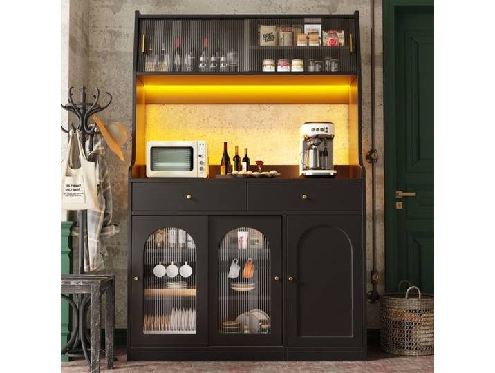 Armoire de cuisine noir haute vitrine buffet éclairage LED couleurs variables étagères réglables 2 tiroirs