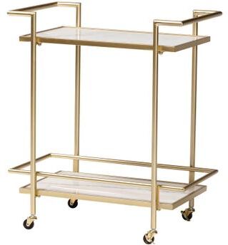 Louise Contemporary Glam And Luxe Gold Metal And White Marble 2-Tier Wine Cart by Baxton Studio in Gold White Marble