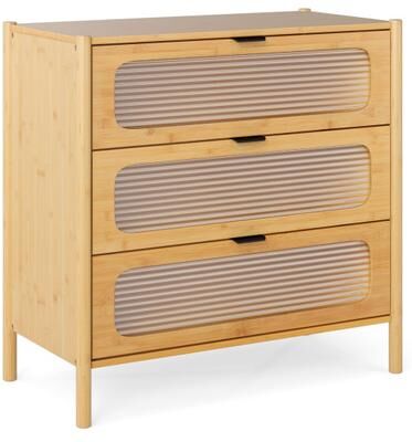 Costway 3 Drawer Mid Century Modern Chest of Drawers with Reeded Tempered Glass Front-Natural