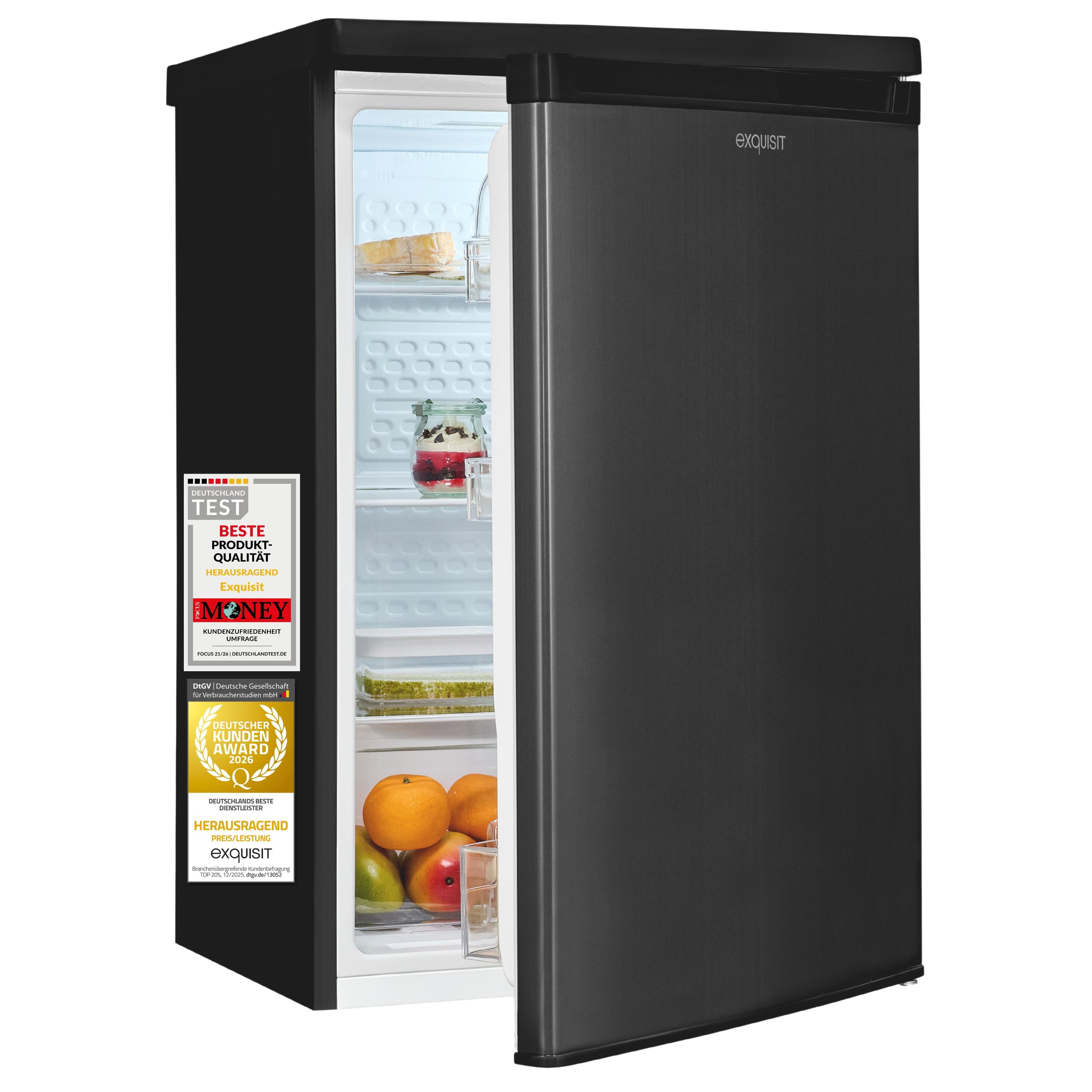 Exquisit Vollraumkühlschrank 126 l | Energieklasse C | 35 dB | LED-Beleuchtung | Glasablagen | Türanschlag wechselbar | 55 cm breit | Inoxlook-az