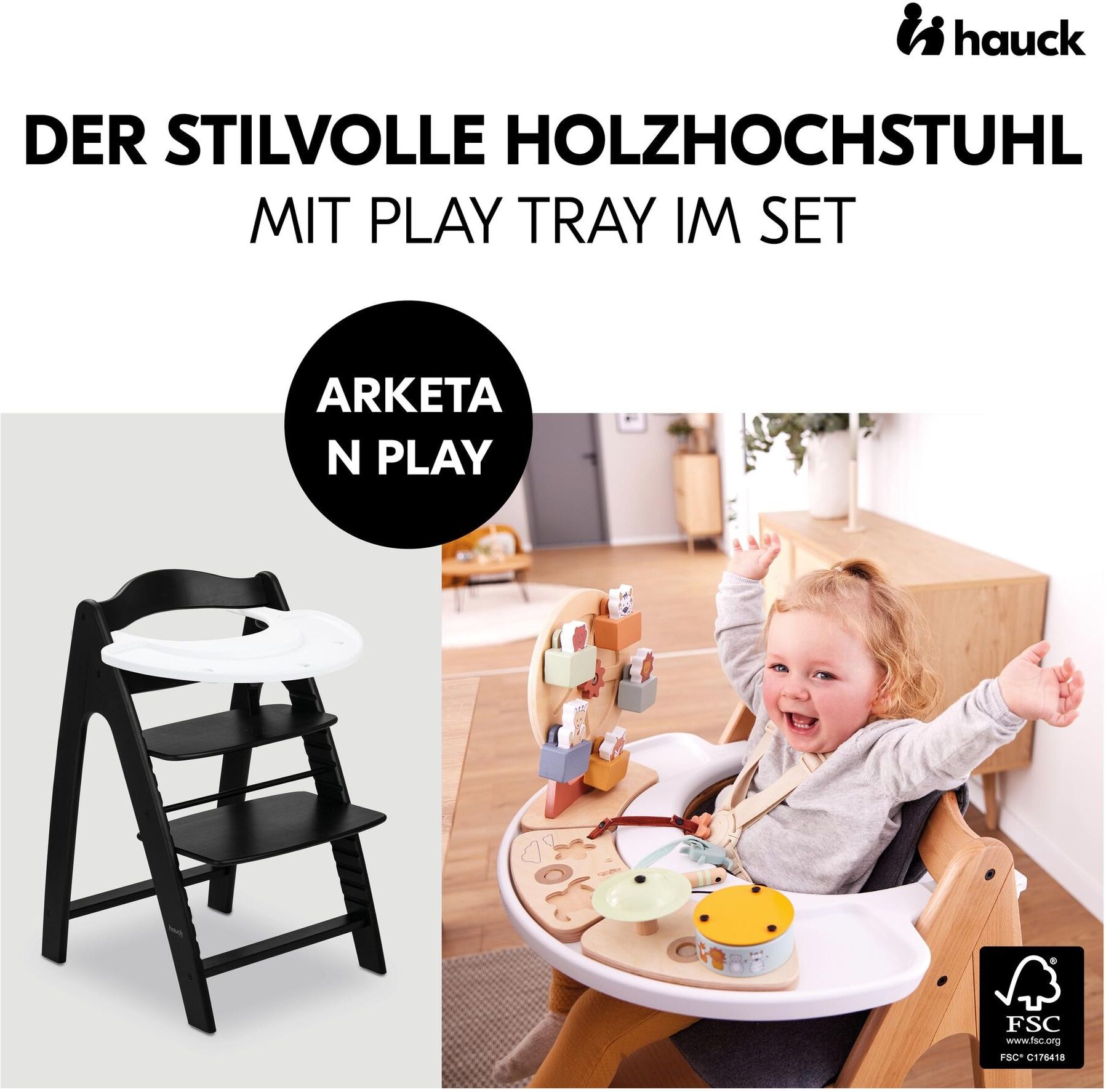 Hochstuhl HAUCK "Arketa N Play", Baby, schwarz, Polypropylen, Stühle Hochstuhl schwarz Einheitsgröße