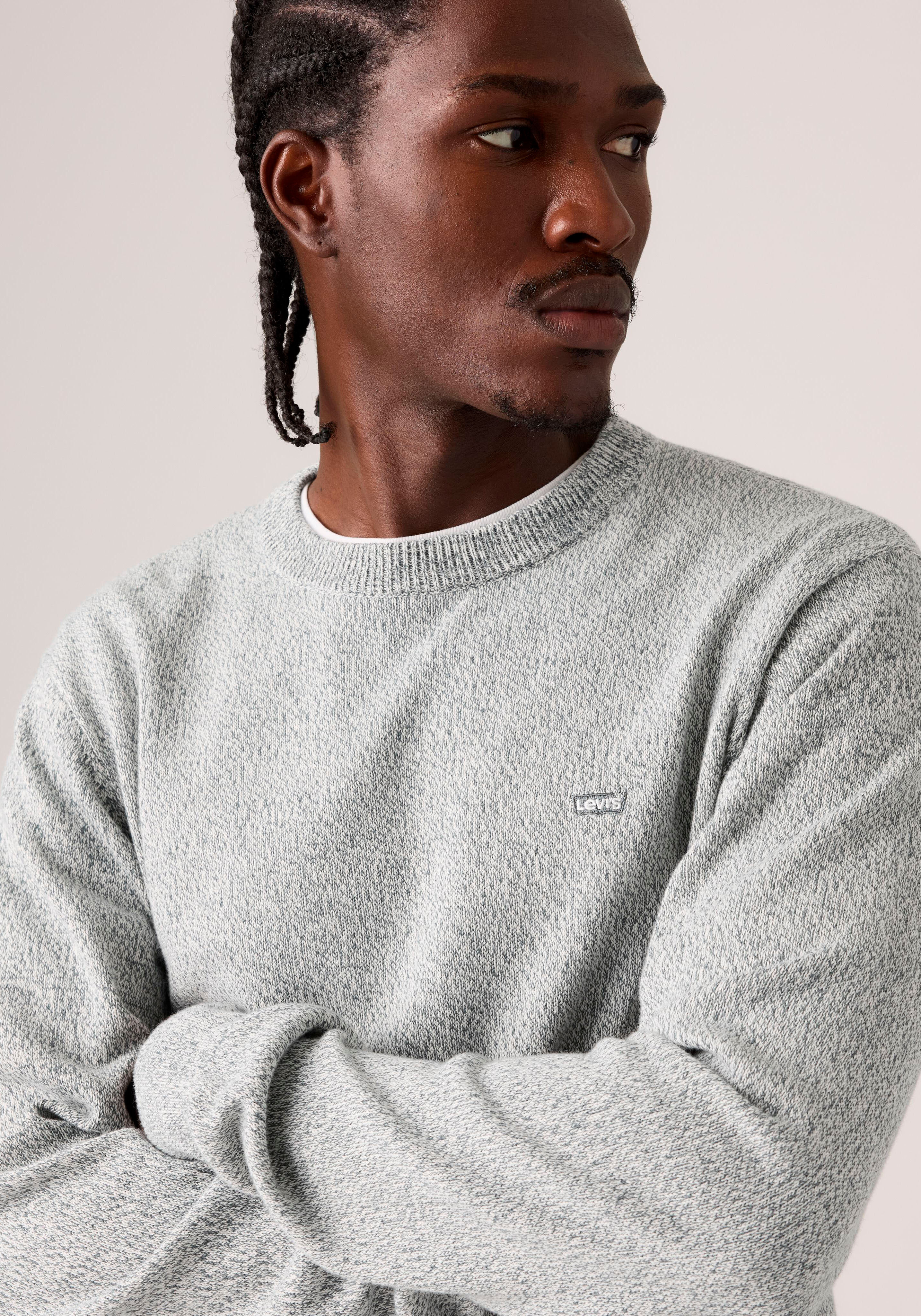 Rundhalspullover LEVI'S "LIGHTWEIGHT HM SWEATER", Herren, Gr. S, grau (pre twist marl schwarz slate, egret jersey), Strick, Obermaterial: 100% Baumwolle, regular fit normal, Rundhals, angesetztes Bündchen, Pullover Rundhalspullover, Feingerippte Abschlüss
