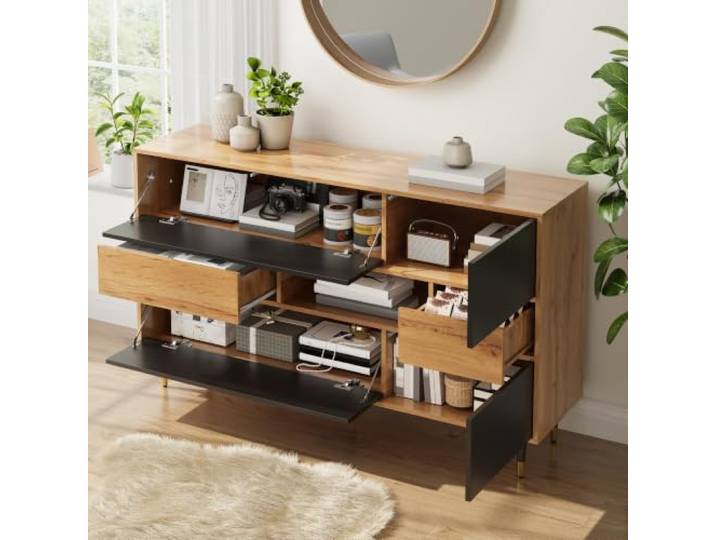 Sideboard, Wohnzimmerschrank,Esszimmer-Schrank, Flurschrank,Multifunktionaler Sideboard Holz-Schwarz Kombination, 2 Schubladen, offenes Mittelfach, klappbare & seitliche Türen, Staurschrank Esszimmer