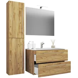 VCM 4-tlg. Waschplatz Waschtisch   Waschbecken Unterschrank Breite 60 cm   Badmöbel Set mit Schubladen Drehtüren Spiegel   Badinos