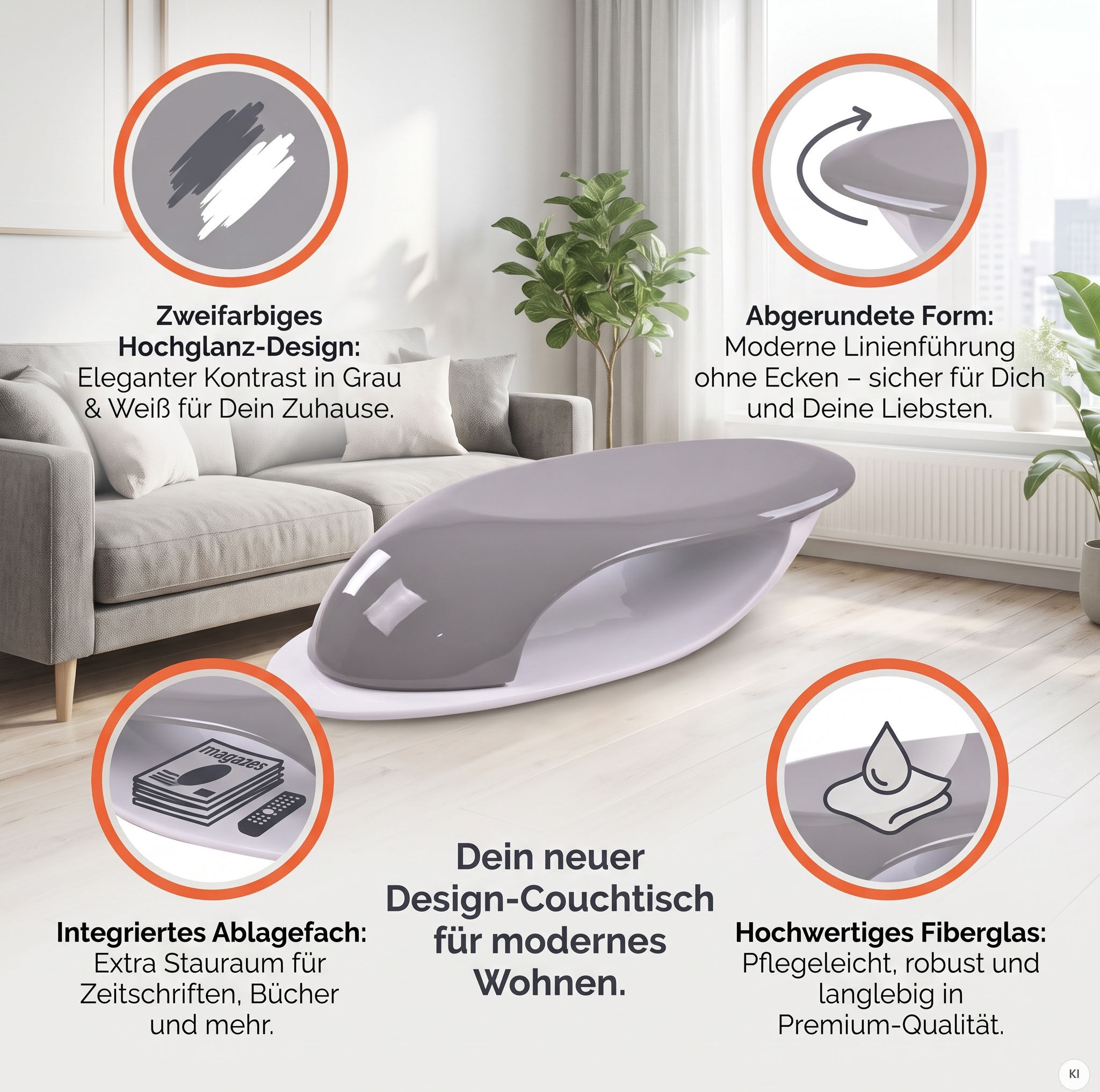 Couchtisch SALESFEVER "Lignano Coffeetable - stilvoller Mittelpunkt", grau (grau, weiß, weiß, grau), B:130cm H:30cm T:58cm, Tische, Couchtisch, Fiberglas-Couchtisch: Zweifarbiges Design, unvergleichlicher Stil