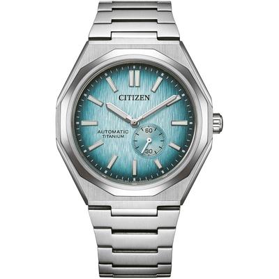 Automatikuhr CITIZEN "Super Titanium Zenshin 60", silber (titansilberfarben, hellblau, hellblau), Armbanduhren, Herren, titansilberfarben, Automatikuhr, Armbanduhr, Herren, Mechanische Uhr, Titan, analog, dezentrale Sekunde