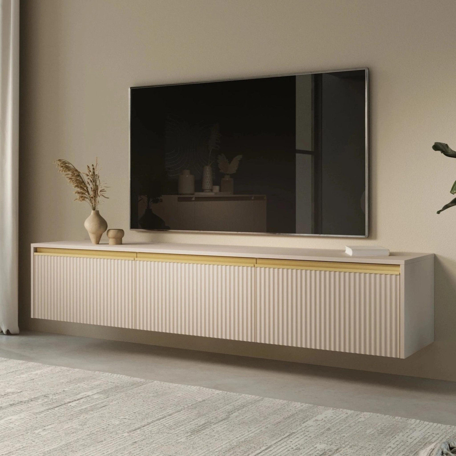 Ravio TV-meubel Loren, kasjmierbeige, 182 cm, met geribbelde voorzijde en gouden accenten