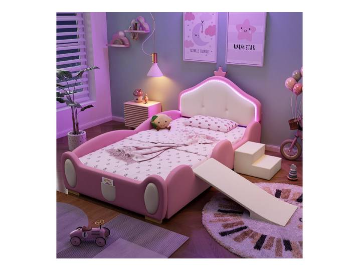 REDOM Kinderbett Polsterbett mit Krone-Design, LED-Beleuchtung (mit mehrfarbigem Multi-Mode-LED-Streifen, mit schützenden weichen Kanten, mit Holzlatten, mit kleiner Rutsche und Treppe), Ohne Matratze