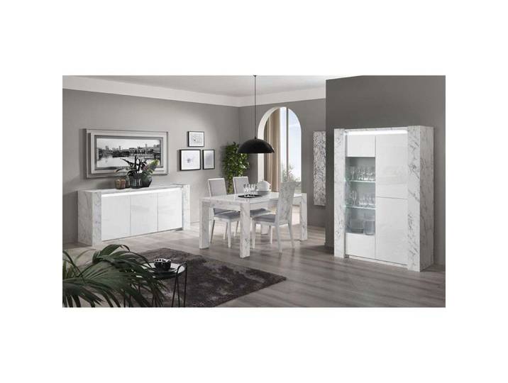 PRAVA - Ensemble Séjour Complet Blanc et Effet Marbre Table 190cm + Buffet et Vitrine avec Leds