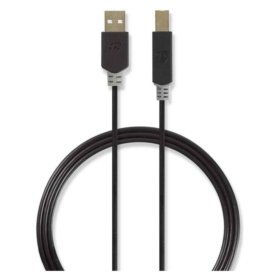 Nedis USB 2.0 kabel antracit / Kabel USB / USB-A - USB-B / 480 Mbps / 2 m / pozlacené konektory (2 m, USB 2.0) (CCBP60100AT20)