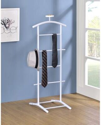 InRoom Designs Metal Suit Valet Stand with Tie Bar, Tray & Trouser Bar - Freestanding Clothes Rack & Hanger - Clothing Organizer