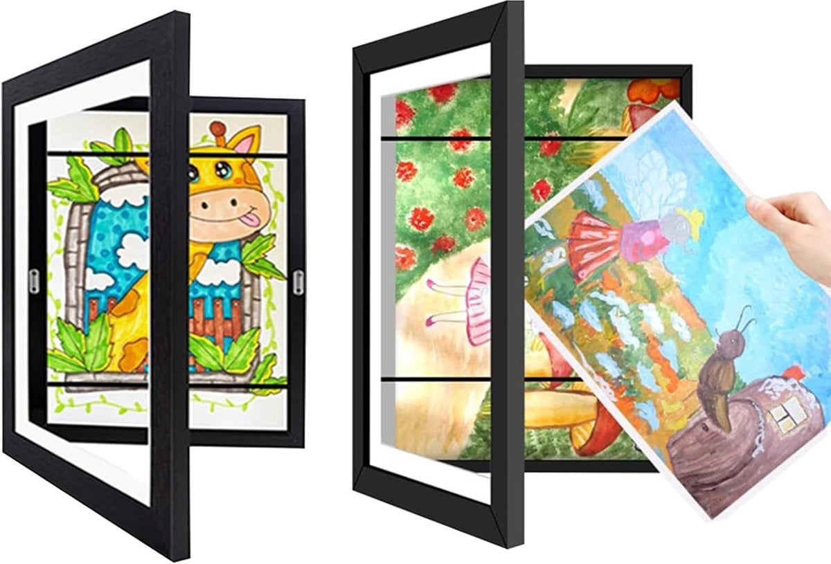 Zwarte fotolijst voor kindertekeningen, A4, kunstlijst met vooropening