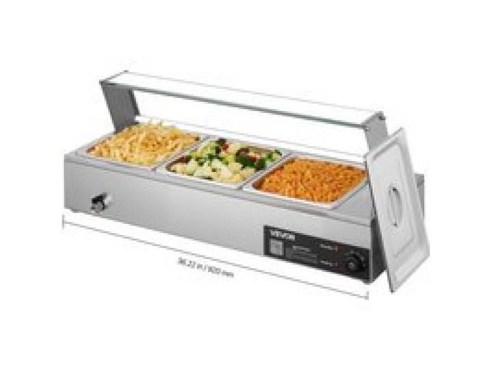 VEVOR kommerzieller Speisenwärmer mit Glasabdeckung & 3 Behälter (1/2-Größe) 1,5 kW Buffetwärmer Edelstahl, Buffetbehälter Buffet-Wasserbad Speisenwärmstation für Restaurants Partys Buffets