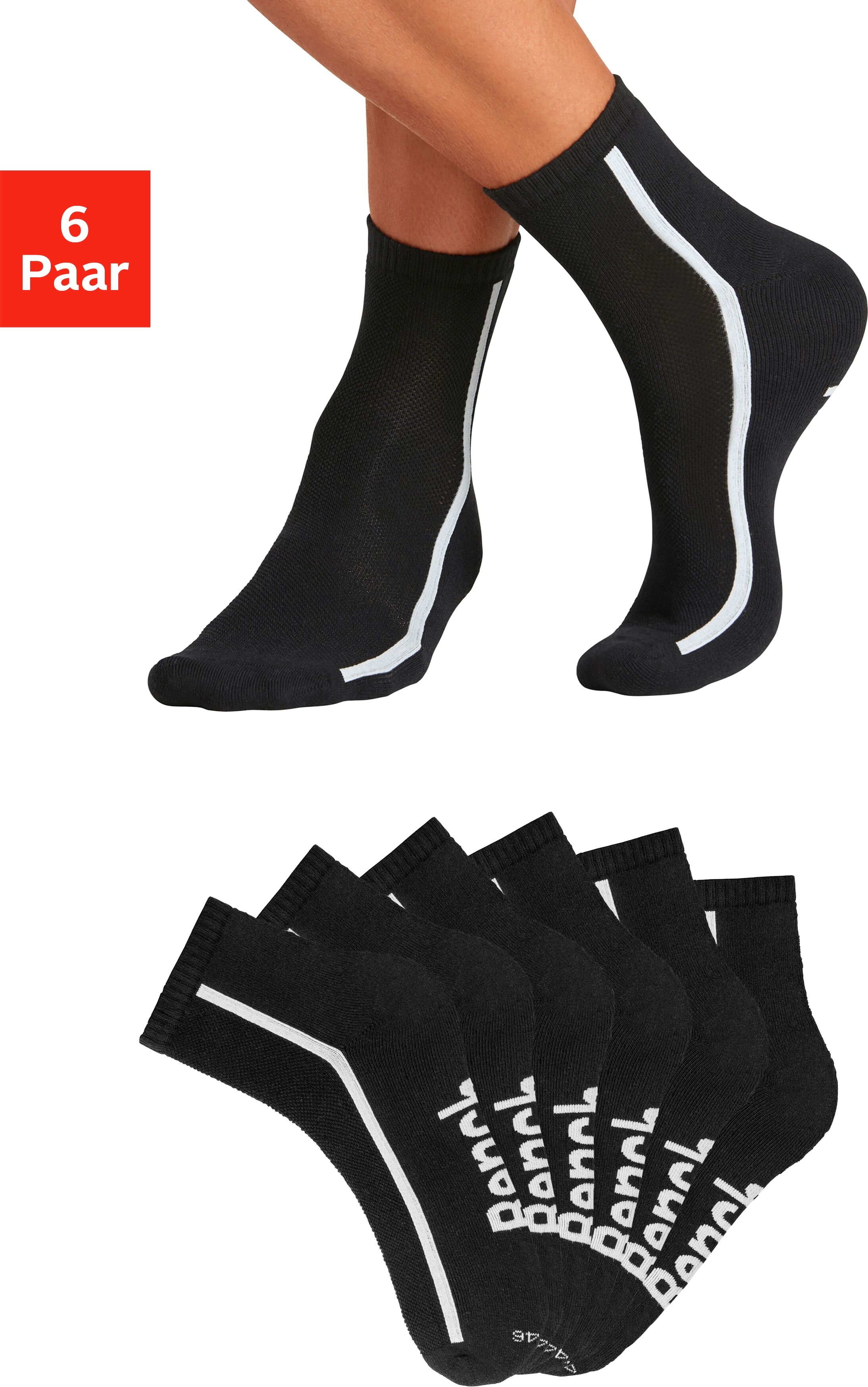 Tennissocken BENCH. "Sportsocken Herren Quartersocks atmungsaktiv", Herren, Gr. 43-46, schwarz-weiß (6x schwarz), Baumwollmischung, uni, elastisch, Socken Tennissocken, dämpfend durch Hochfersen- Frottee