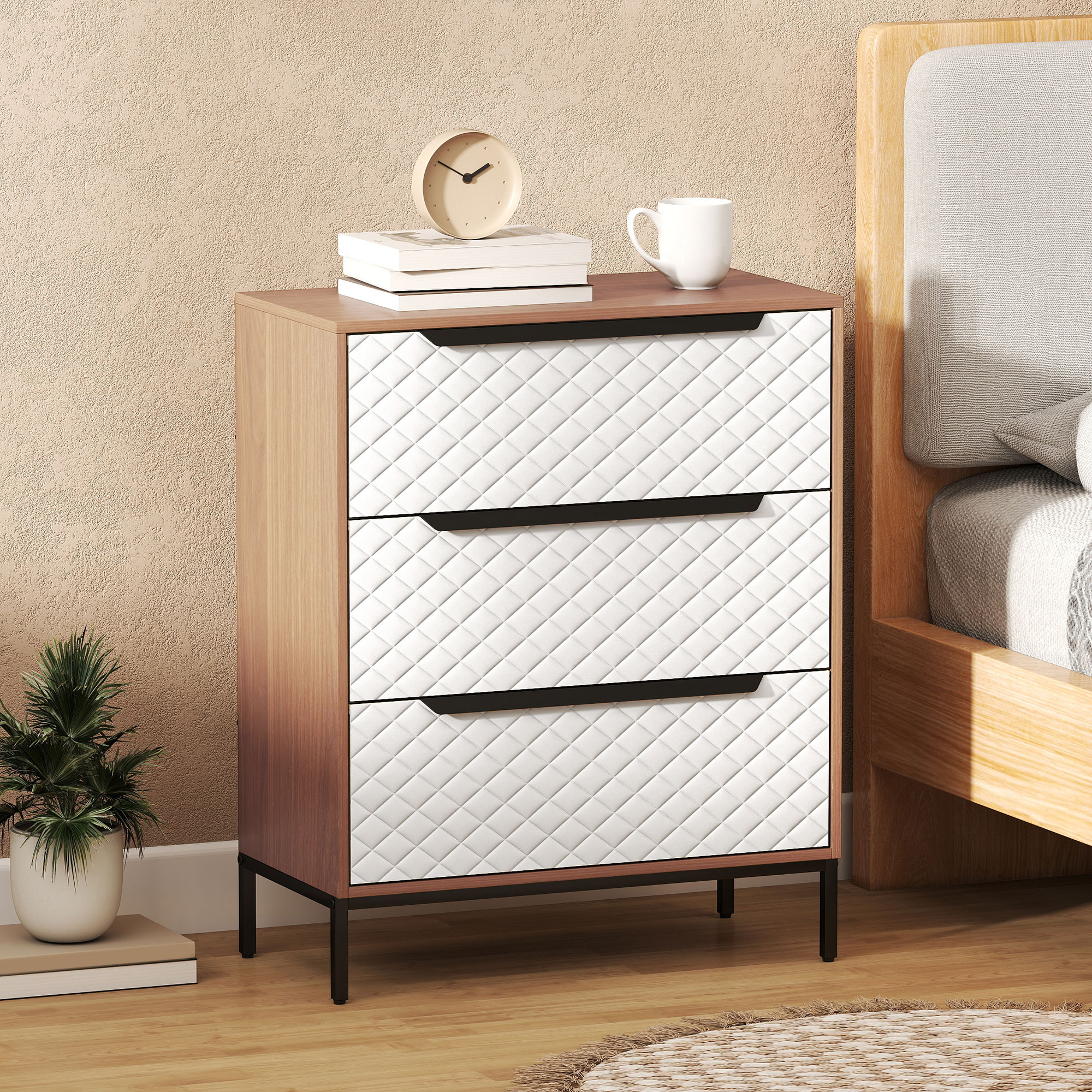 Homcom Cassettiera con 3 Cassetti in Tessuto con Motivo a Diamante, Legno Naturale e Bianco   Aosom Italy