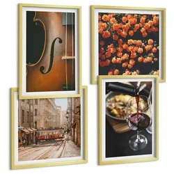BILDER SET 4er Set - 50x50 cm & 40x60 cm Goldrahmen - Vintage Blumen Straße Wein Geige