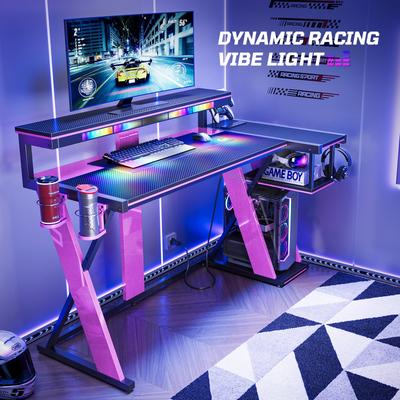 Bestier 57 in. L Shape Gaming Desk with LED Lights Monitor Stand Power Outlets Cup Holder and Headphone Hook