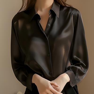 Silver Stone Store Casual Elegant Satin Long Sleeved Shirt For Office, Summer Trend Fashion Womens Shirts And Blouses, Slim Female Clothes black l