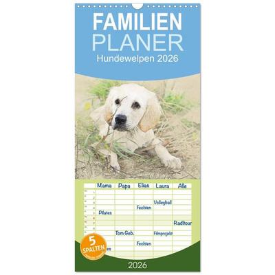 Familienplaner 2026 - Hundewelpen 2026 mit 5 Spalten (Wandkalender, 21 x 45 cm) CALVENDO