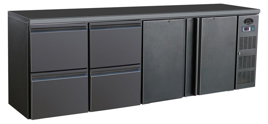 Gastro Barkühler | Barkühlschrank | Flaschenkühltisch | Schwarz | 2 Türen / 4 Schubladen | 698 Liter | 0 bis +10 °C