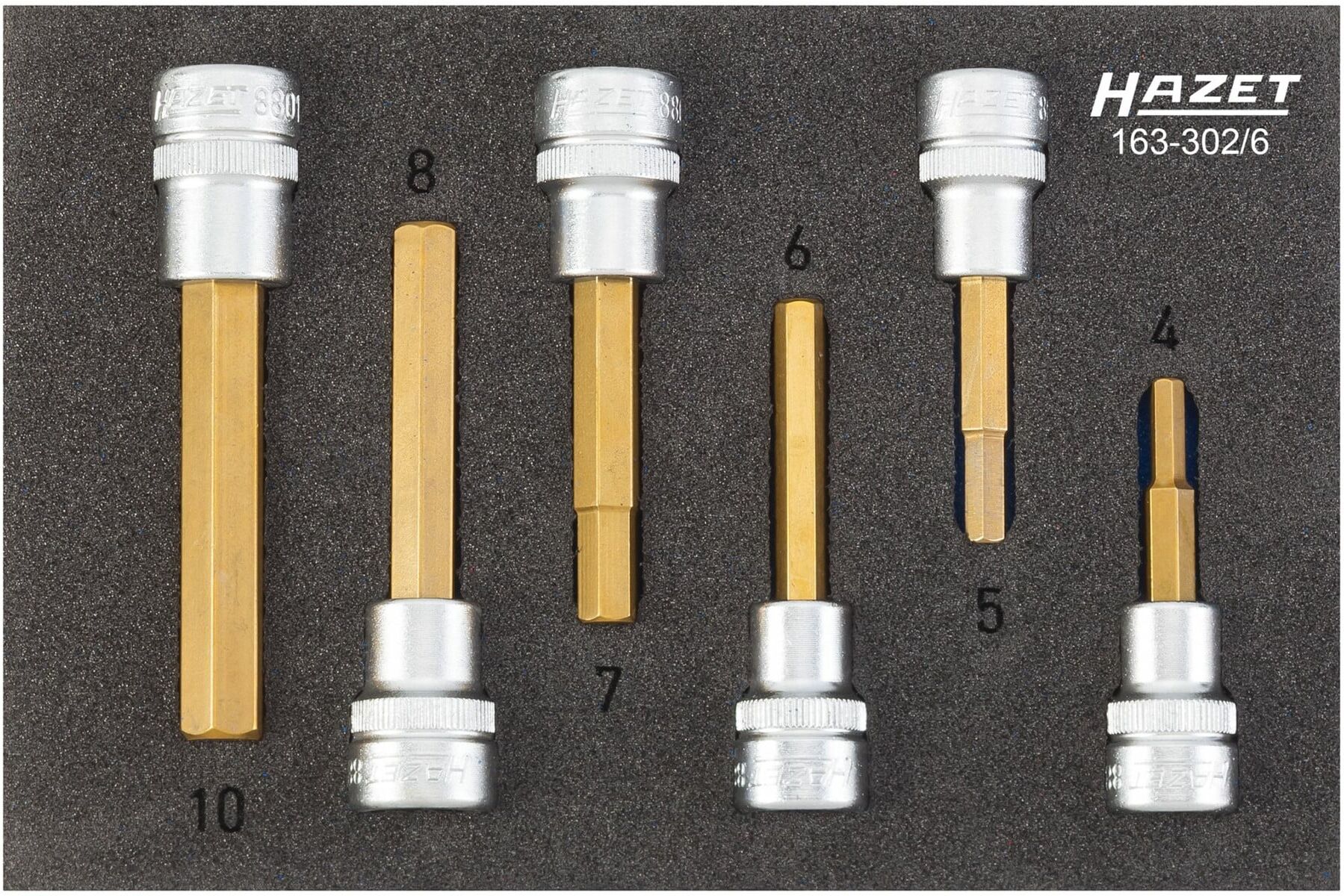 HAZET Schraubendreher-Steckschlüsseleinsatz-Satz 163-302/6 Vierkant hohl 10 mm (3/8 Zoll) Innen-Sechskant Profil 4 - 10 Anzahl Werkzeuge: 6)