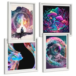 BILDER SET 4er Set - 50x50 cm & 40x60 cm Weißer Rahmen - Farbenfrohe Fantasy-Kunstillustrationen