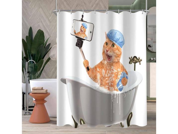 Duschvorhang Cat Selfies 120 x 200 cm, Mehrfarbig, 200x120 cm, Heimtextilien, Badtextilien, Duschvorhänge