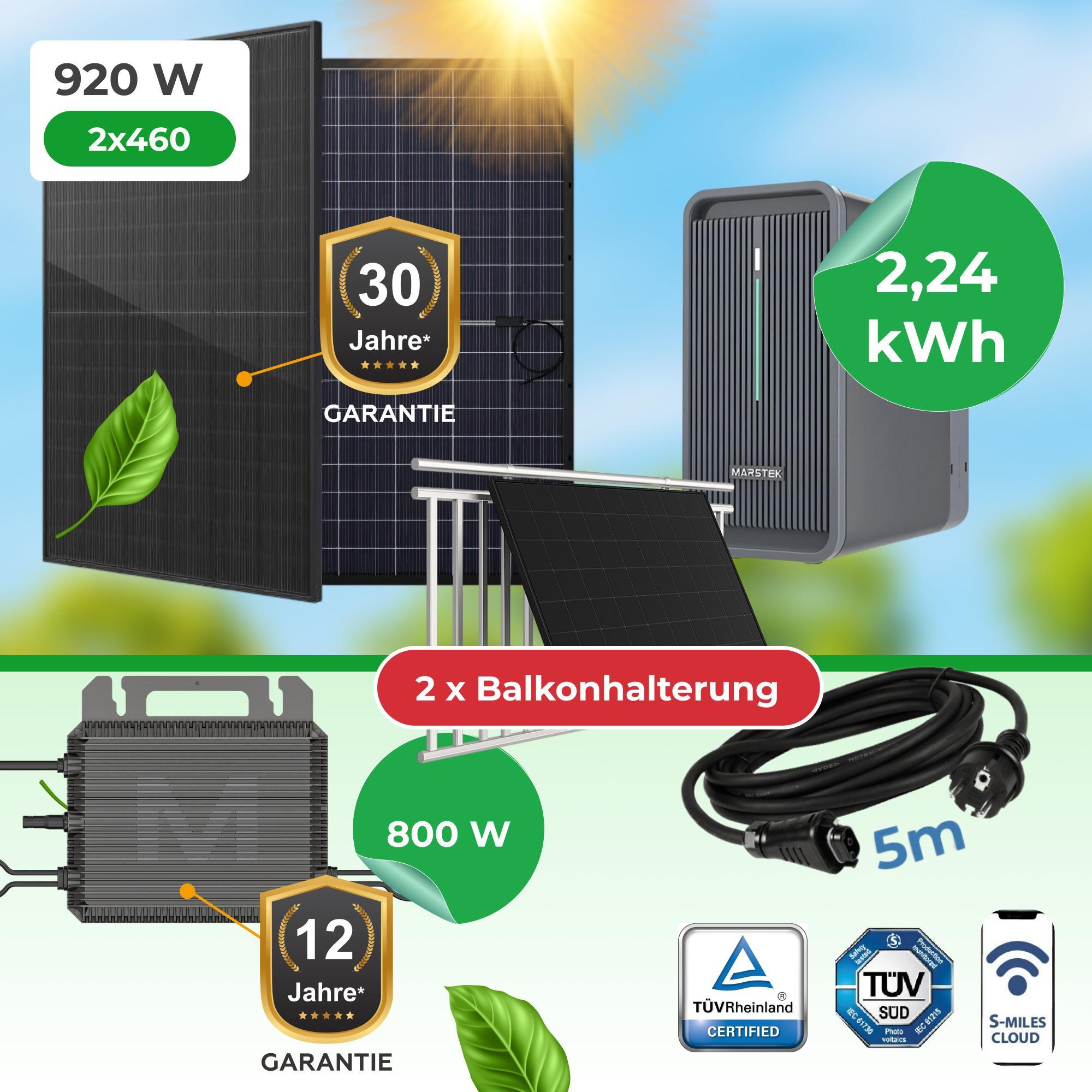 Balkonkraftwerk 920W Komplettset mit Marstek B2500D 2,24 kWh Speicher, 2x 460W bifazial Glas-Glas Module & M2-800 Wechselrichter inkl. BalkonHalterung