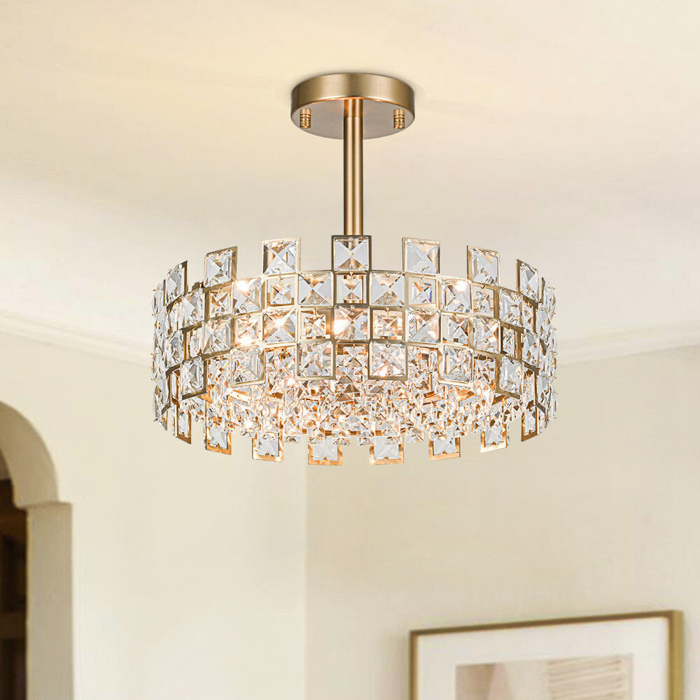 Canora Grey Atticus 4-Light Modern Round Crystal Semi Flush Mount Ceiling Light Gold 31cm H X 38cm W X 38cm D