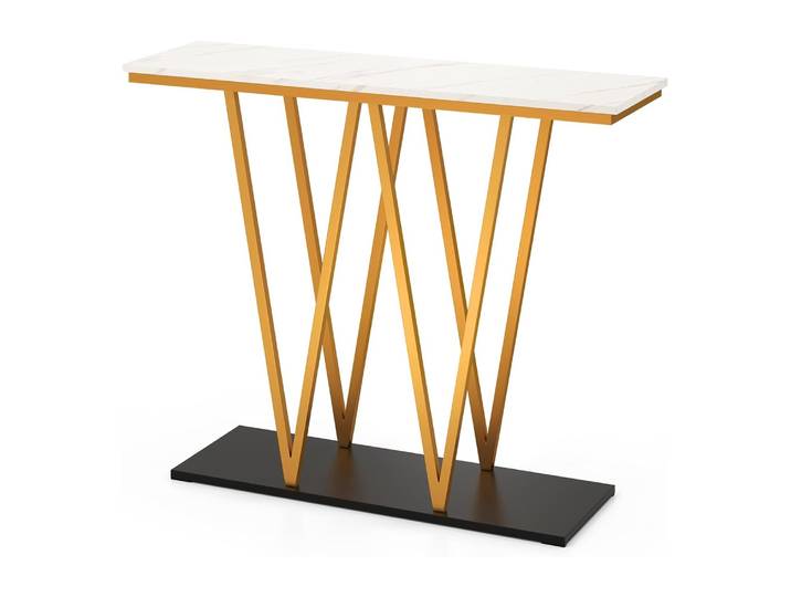 Table console, table de couloir, aspect marbre, table d'appoint, table d'entrée dorée, mince, pour salon, entrée, couloir