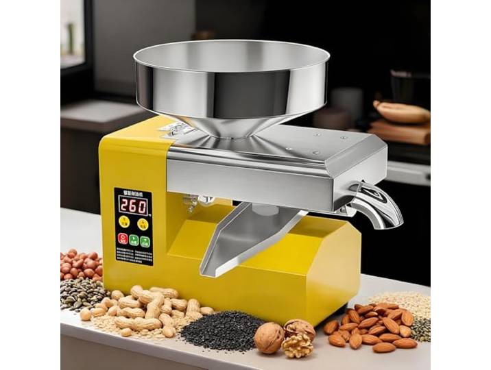 flatpincololee R8S Elektrische Ölpresse aus Edelstahl 1500W Automatische Ölpressmaschine mit Großem 235mm Trichter 5–9kg/h Ölpresse für Walnüsse Für Zuhause, Kleinbetrieb & Gewerbe – Gelb