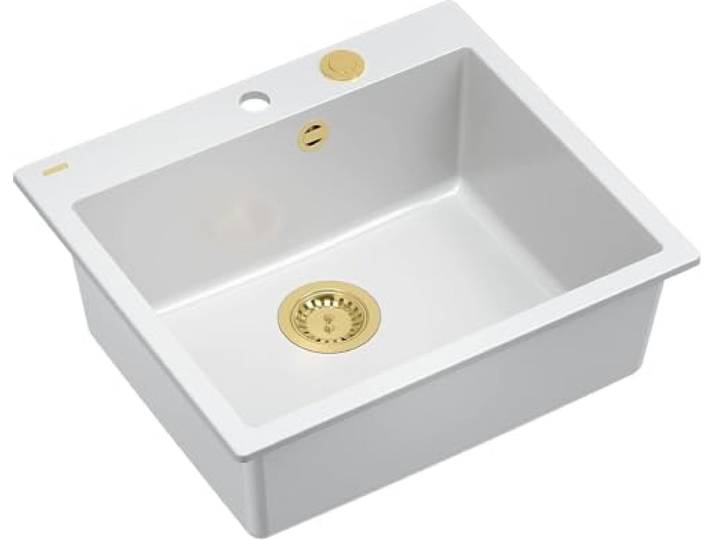 QUADRON Spülbecken Spüle Küche Weiß & Golden Größe 57 x 50 x 22 cm Granit Granitspüle MORGAN 110 Einbauspüle mit Hahnloch Einbeckenspüle Einzelbecken Küchenspüle Einzelbecken-Spüle