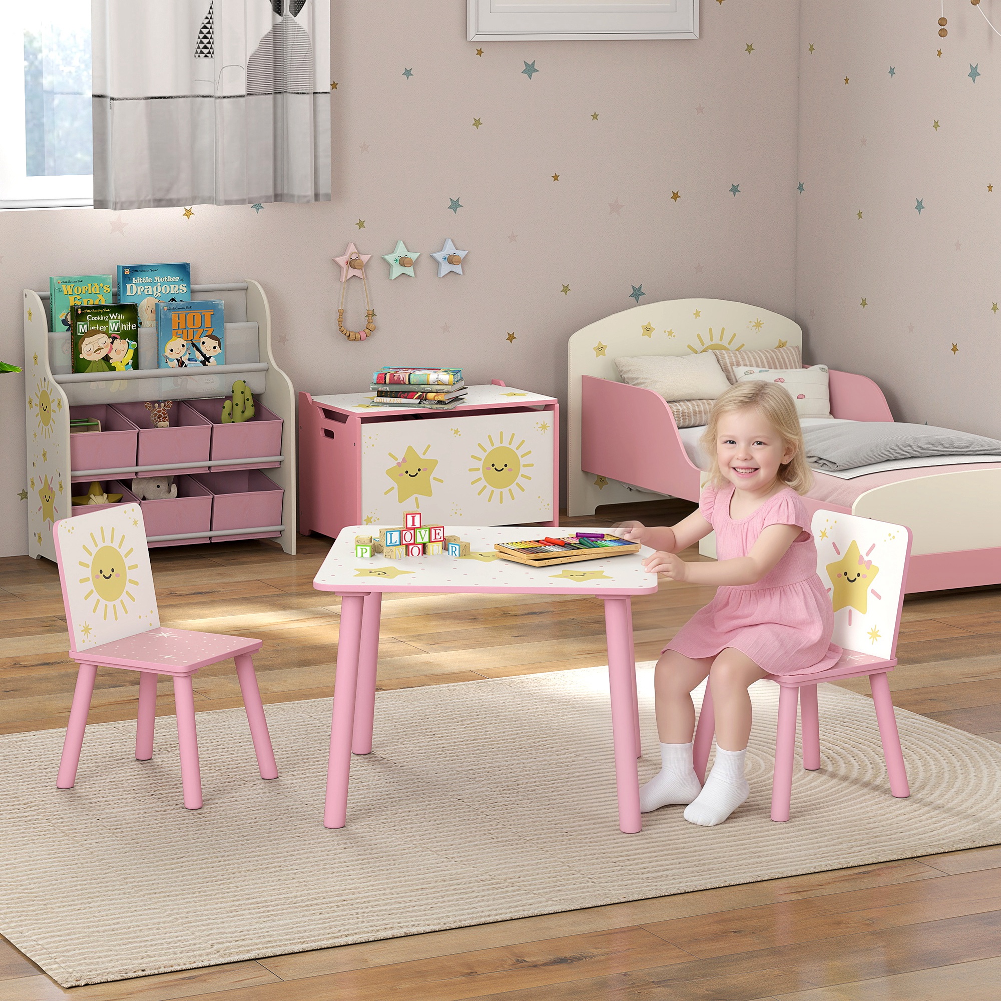 Aiyaplay Set Arredo Cameretta con Tavolo e 2 Sedie, Altezza Adatta per Bambini da 3-8 Anni con Fantasia a Stelle, Rosa   Aosom Italy