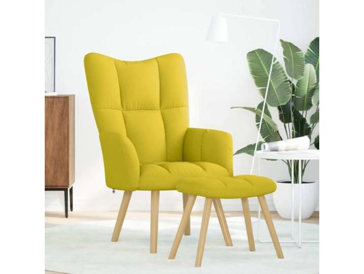 Relaxsessel mit Hocker Hellgelber Stoff Polyestergewebe, Holz- und Metallrahmen, gepolsterte Armlehnen, Fußstütze, Wohnzimmer Lounge