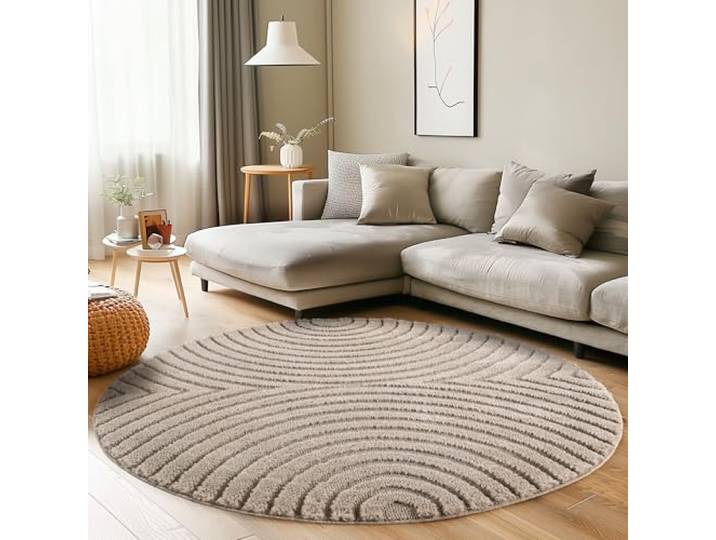 Carpettex Tapis Rond 200 cm Beige Poils Longs Shaggy Boho Relief 3D
