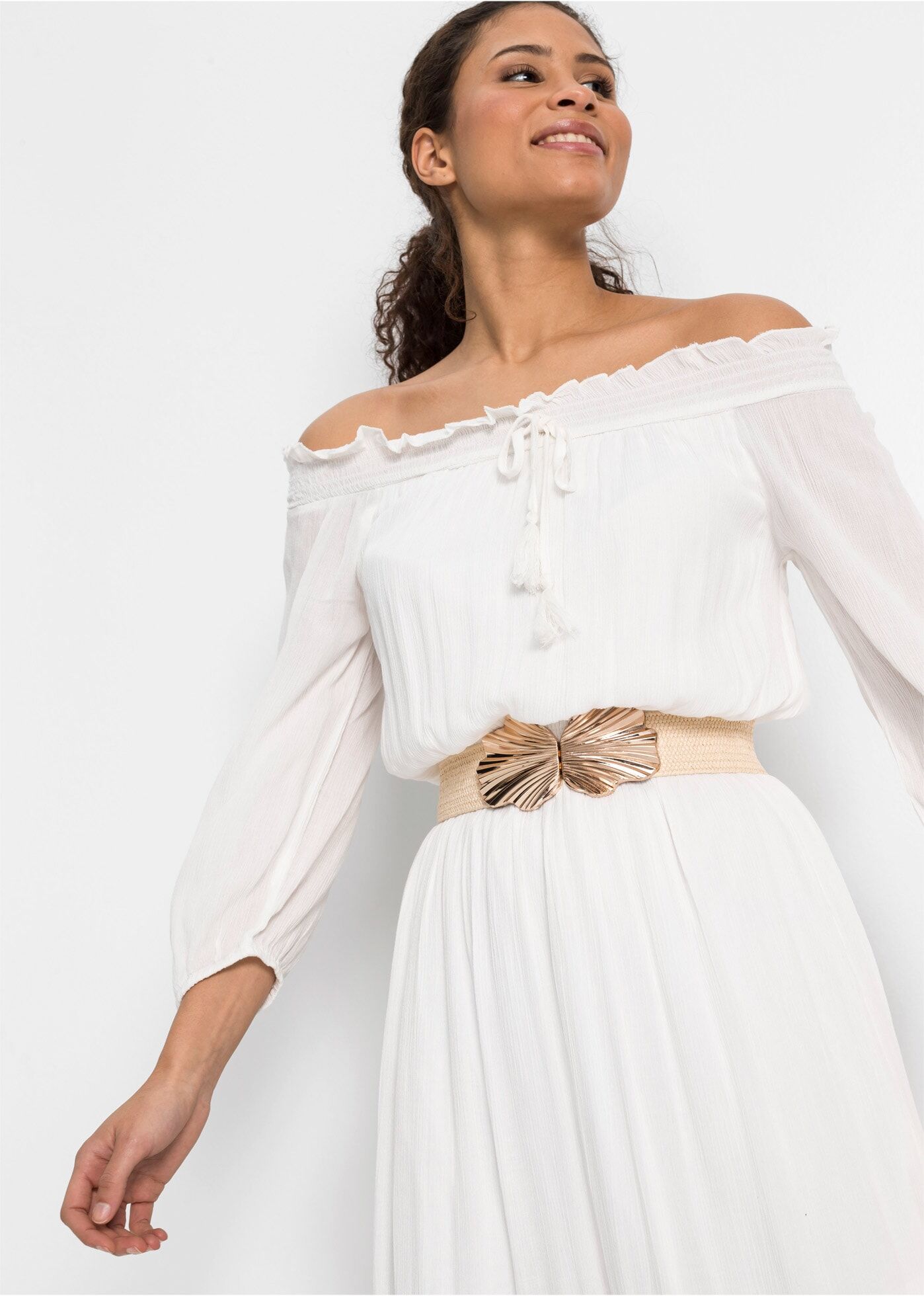 Stretchgürtel BONPRIX, Damen, Gr. 115, beige (natur, goldfarben), Kunstfaser, unifarben, Gürtel Stretchgürtel, aus Polyester und Elastodien, flexibles Material, klassischer Stil natur, goldfarben 115