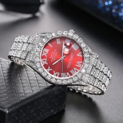 Market Central Luxury Gold Diamond Bling Watch For Men With Quartz Movement Calendar Design b