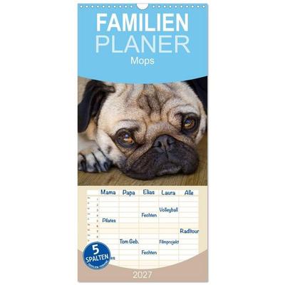 Familienplaner 2027 - Mops mit 5 Spalten (Wandkalender, 21 x 45 cm) CALVENDO