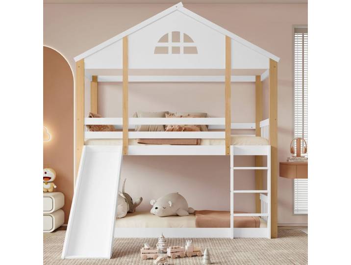 Lit superposé - KOMHTOM - Cabane enfant - 90x200 cm - Toboggan - Escalier réversible