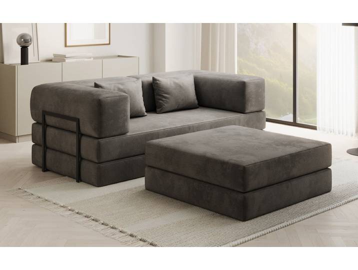 Lazy Spar-Set: 3-Sitzer + Hocker in Samt - Hellgrau - Samt - Luxusbetten24