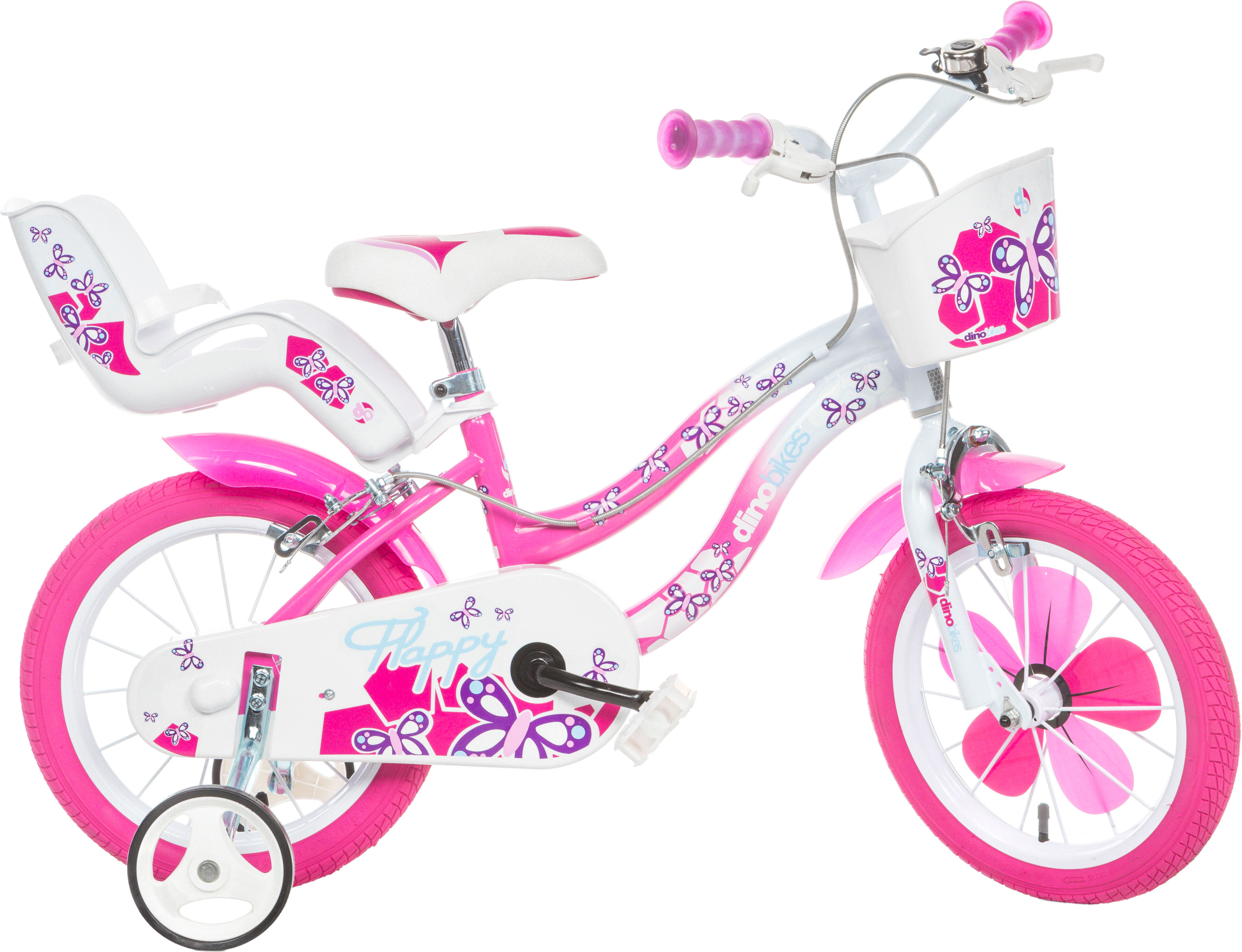 Kinderfahrrad DINO BIKES "14" Flappy Kinderfahrrad Mädchen Stützräder 3–5 Jahre Stützräder", pink, Fahrräder, Kinder, 25cm, 14 Zoll (35,56cm), Kinderfahrrad, mit Stützrädern, Korb und Puppensitz pink 25cm, 14 Zoll (35,56cm)